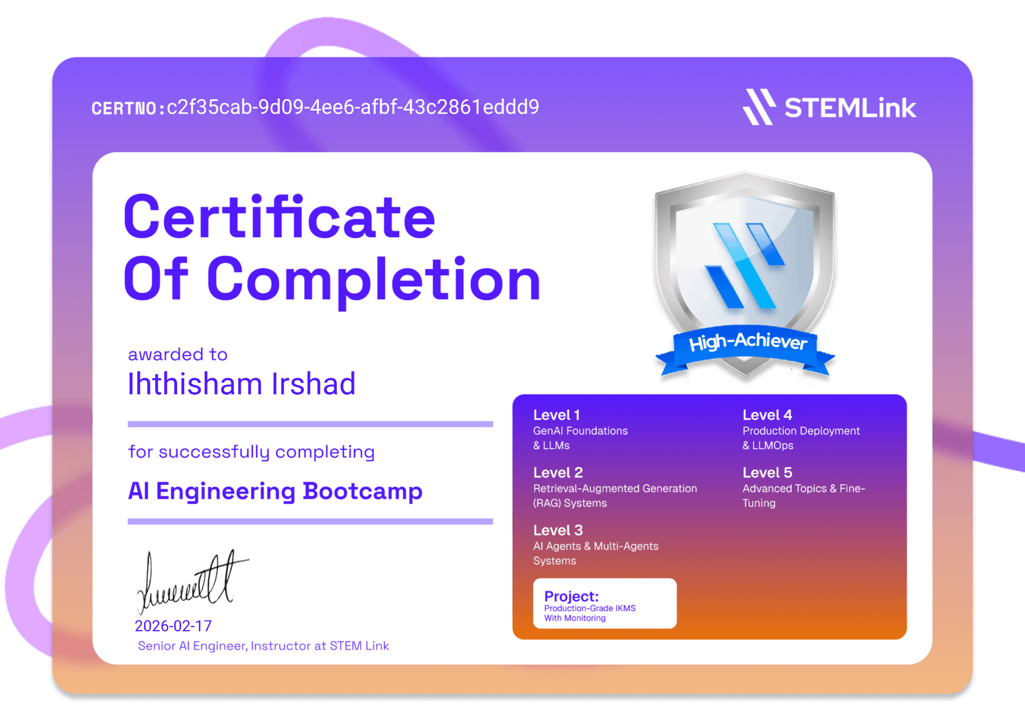 STEMLink AI Engineering Bootcamp certificate awarded to Ihthisham Irshad